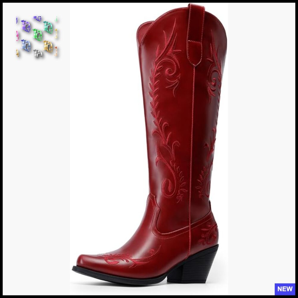 Knee High Cowboy Boots Western Retro Embroidered Square Toe Comfortable
